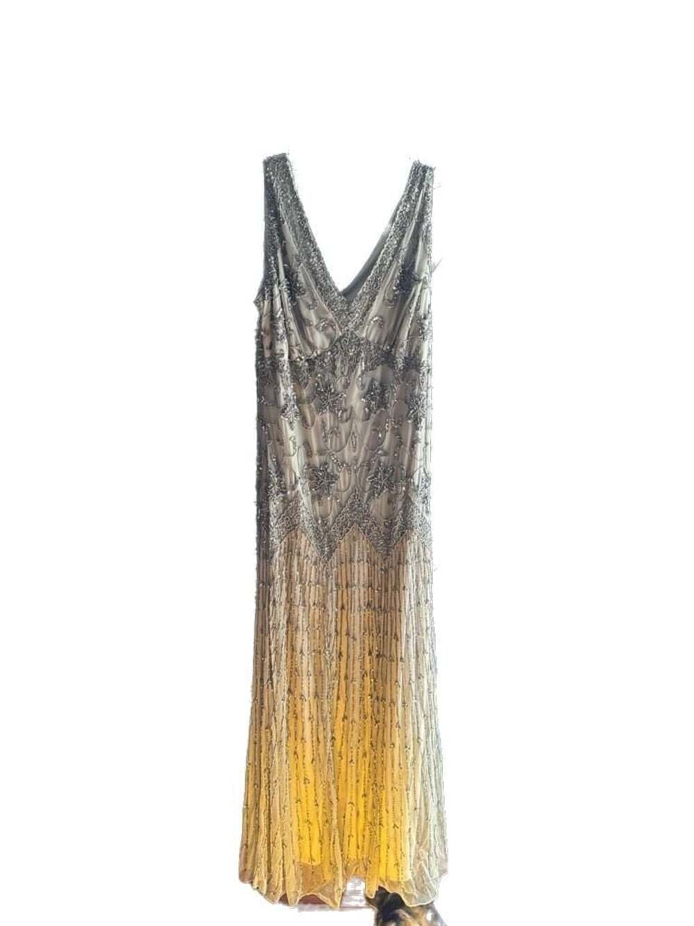 Pisarro Nights Beaded Sleeveless V-Neck Champagne Art Deco Flapper Style Gown